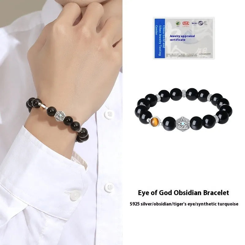 Men's retro-style 925 sterling silver bracelet with an 8mm black obsidian God's Eye charm.