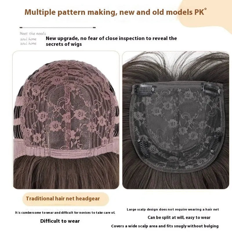 Black long straight layered synthetic hair wig with wear-free full-head hair net construction