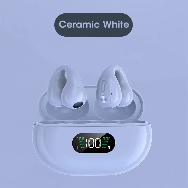 Bone conduction Bluetooth headset with ear clip design in black, white, or khaki colour.