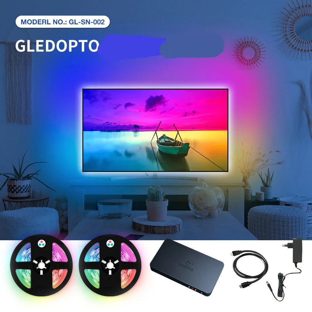 GL-SN-002K HDMI video capture card with 2-metre RGB LED strip, junction box, and cables for 4K computer display.