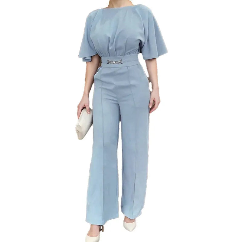 Blue polyester formal suit set with long-sleeve jacket and matching trousers in European American style