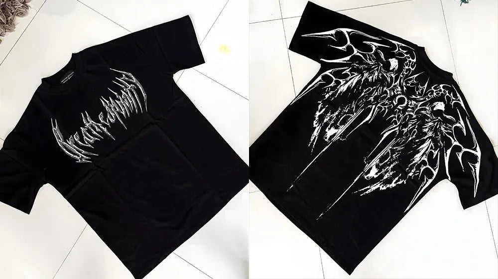 Dark style loose plus size cotton short-sleeved T-shirt with gilding decoration, shown in one of ten available colours.