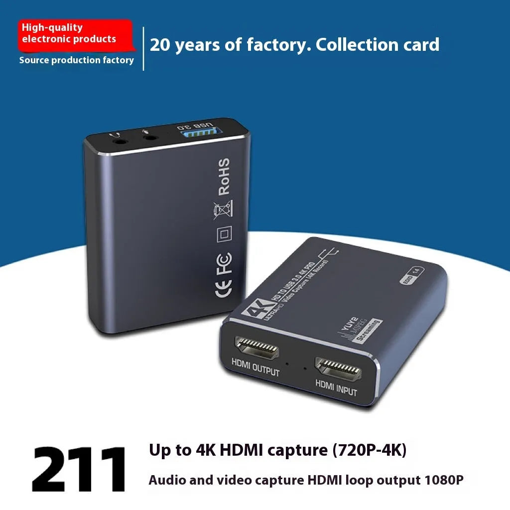 Black 4K gaming set-top box recording audio device with MS2131 chip for 1080p game capture