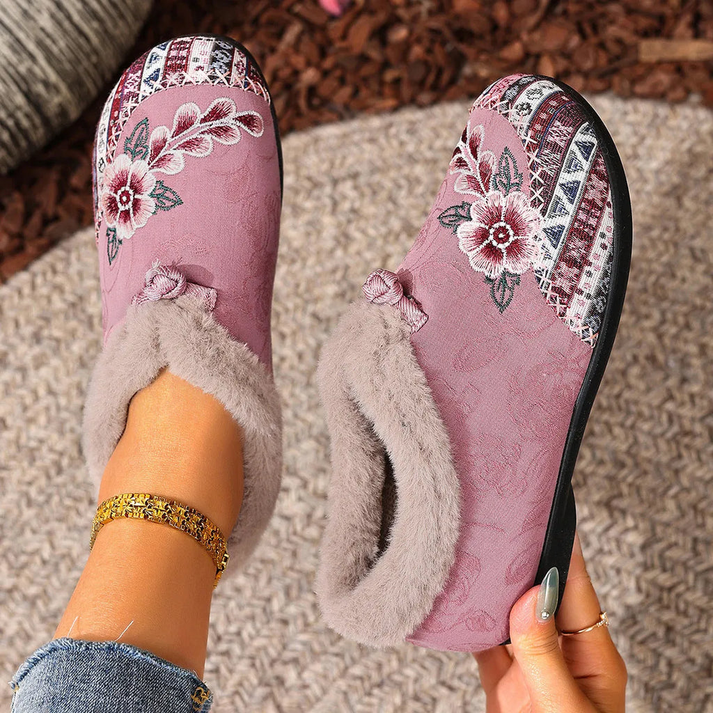 Flat bottom embroidery flowers cotton shoes for women, PVC sole, round toe, available in multiple colours