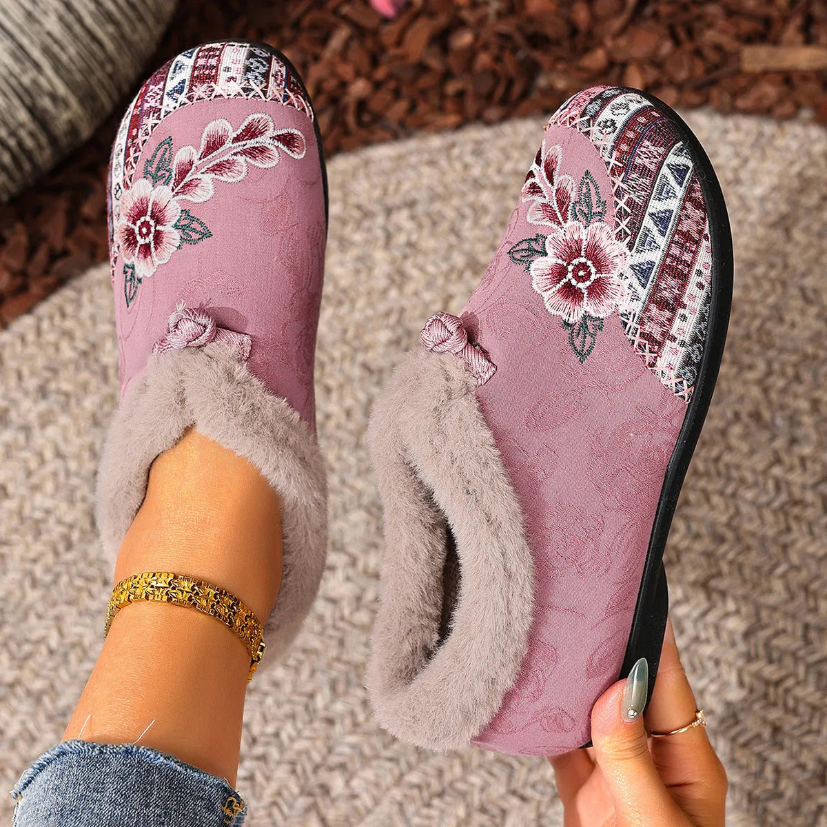 Flat bottom embroidery flowers cotton shoes for women, PVC sole, round toe, available in multiple colours