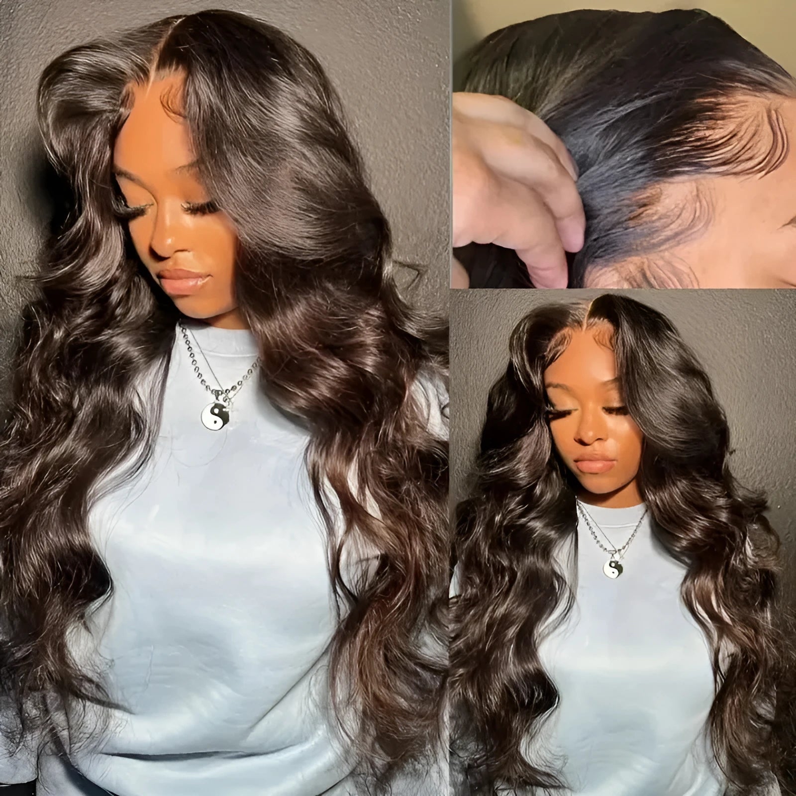 Dark brown front lace wig with long curly hair and side bangs in exotic style