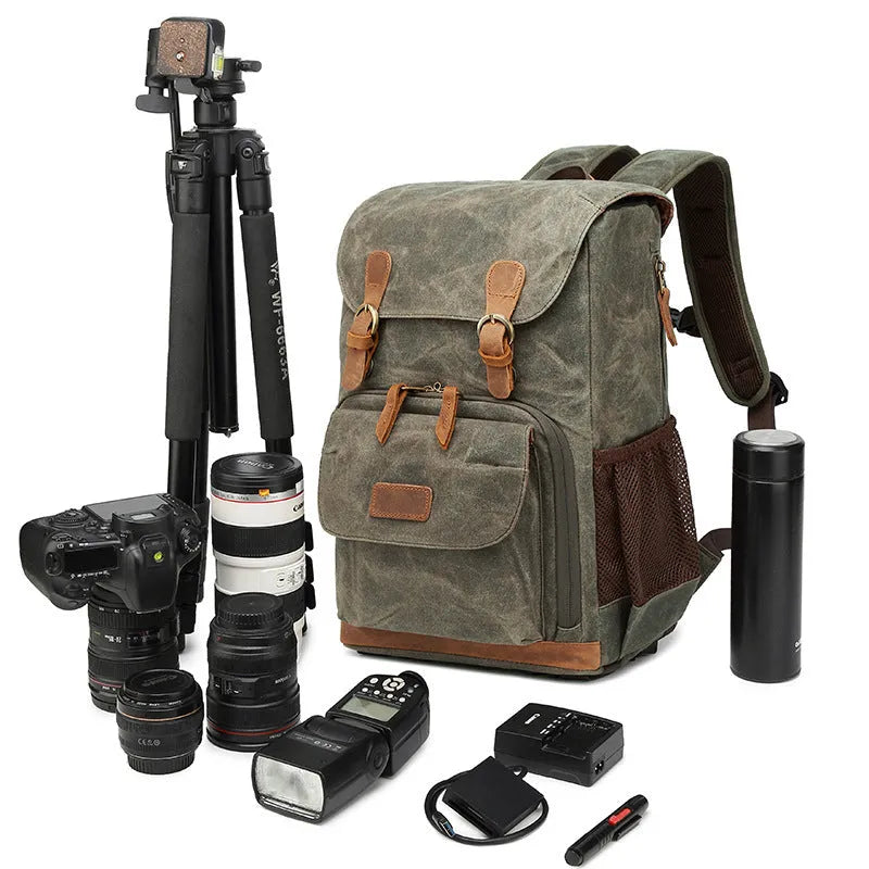 Canvas DSLR camera bag backpack in khaki, grey black, or army green.