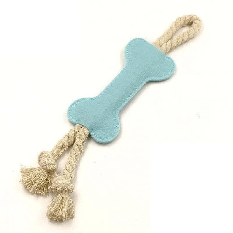 Bone-shaped dog chew toy in felt fabric with rope detailing, shown in various colours