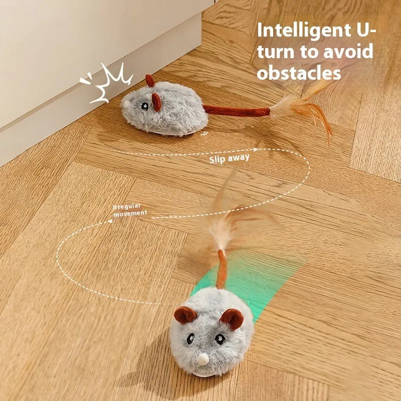 Electric moving cat toy with plush mouse on charging pole in dark grey, pink or purple colour