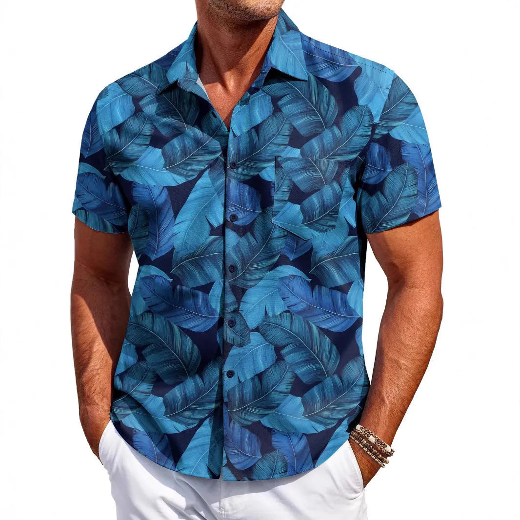 Men's slim fit Hawaiian-inspired cardigan shirt in elastic polyester fabric