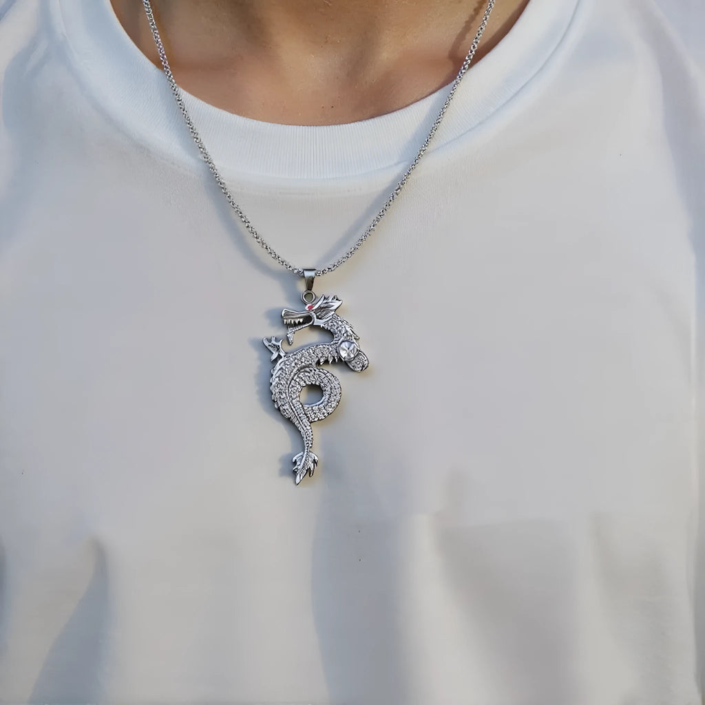 Silver alloy dragon-shaped pendant necklace with red eye detail and regular chain