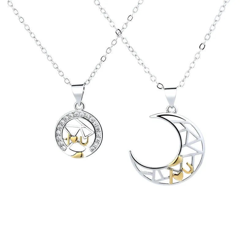 Sun moon couple necklace set with copper pendants and cross chain design