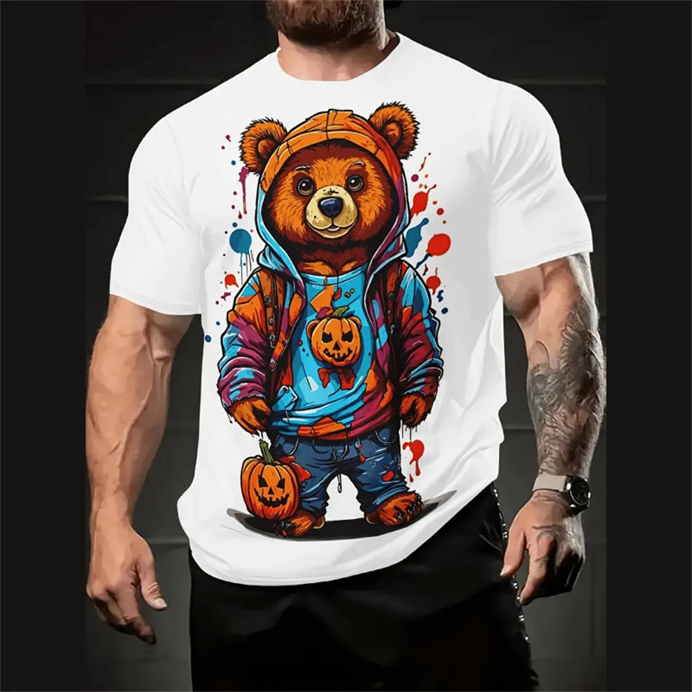 Men's loose-fit short sleeve shirt with a colourful 3D cartoon print on milk silk linen fabric.