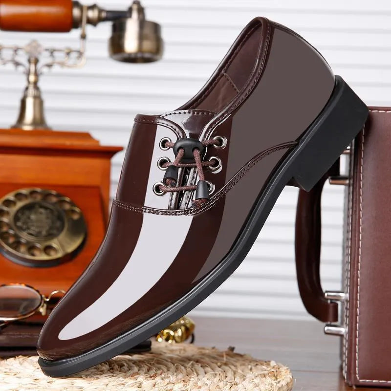 Men's black and brown formal business shoes with square heel and round toe design
