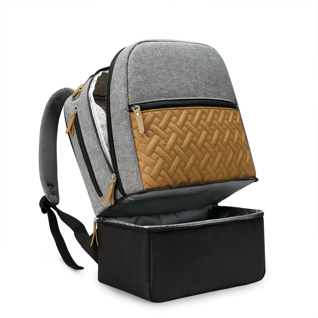 Grey insulated mother and child travel backpack with curved straps and multiple compartments.