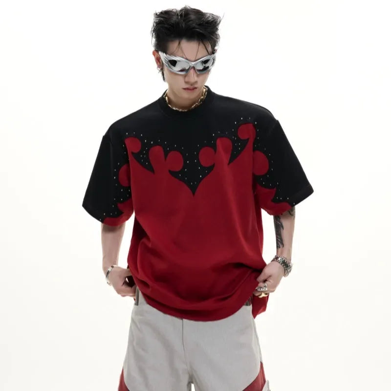 Men's grey t-shirt with 3D stitching and burnt flower rhinestone design on heavy cotton fabric