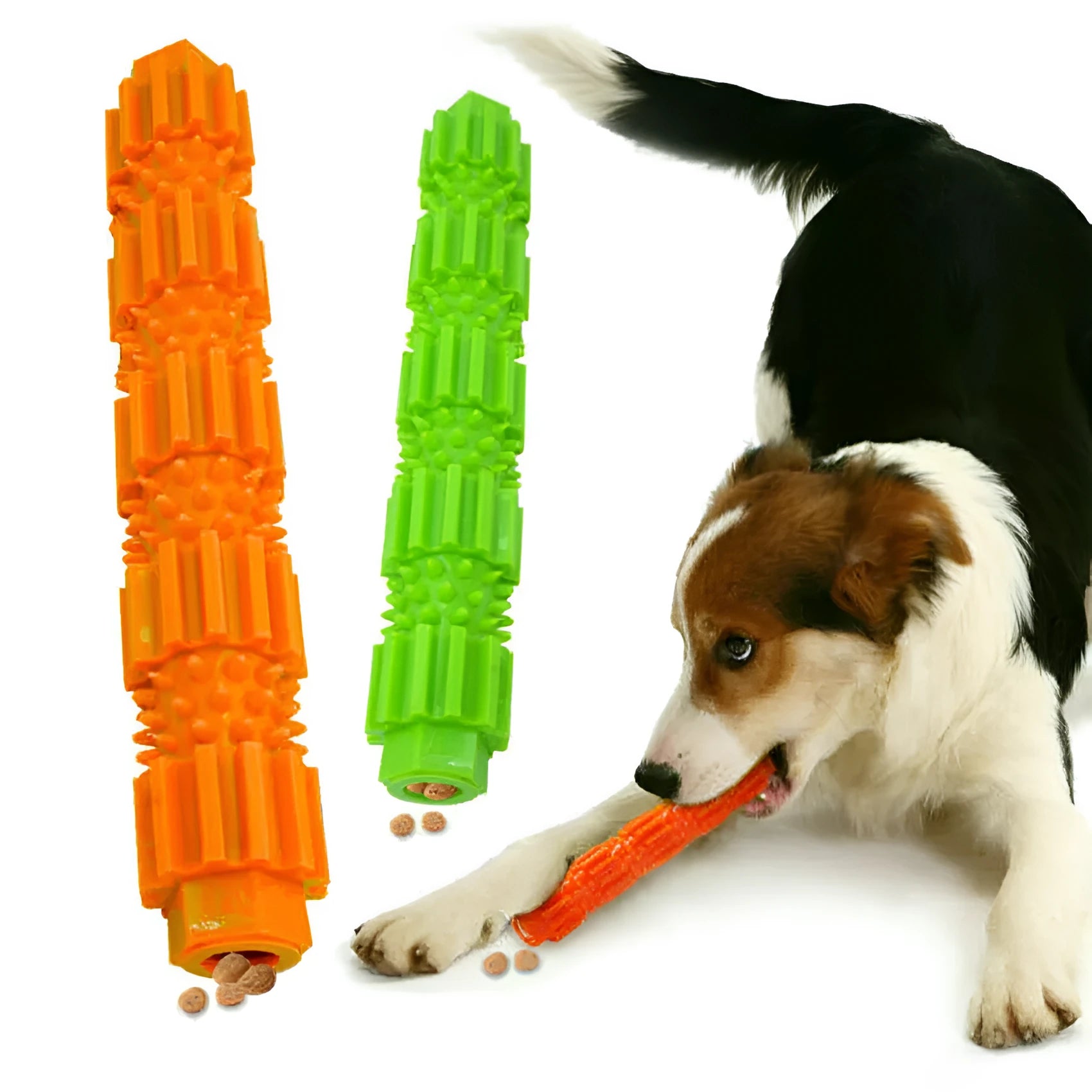 Green natural rubber dog chew toy with textured surface and treat-dispensing hole.