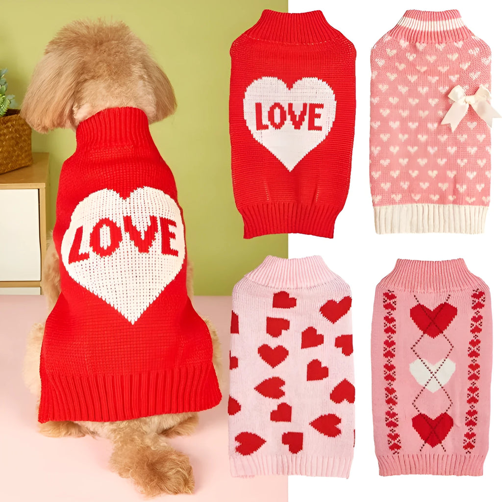 Red love heart design dog sweater on a small dog, showing acrylic knit fabric and playful motif.