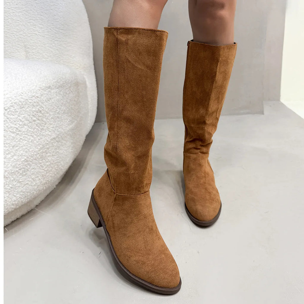Chunky heel suede over the knee side zipper boots in solid colour for women