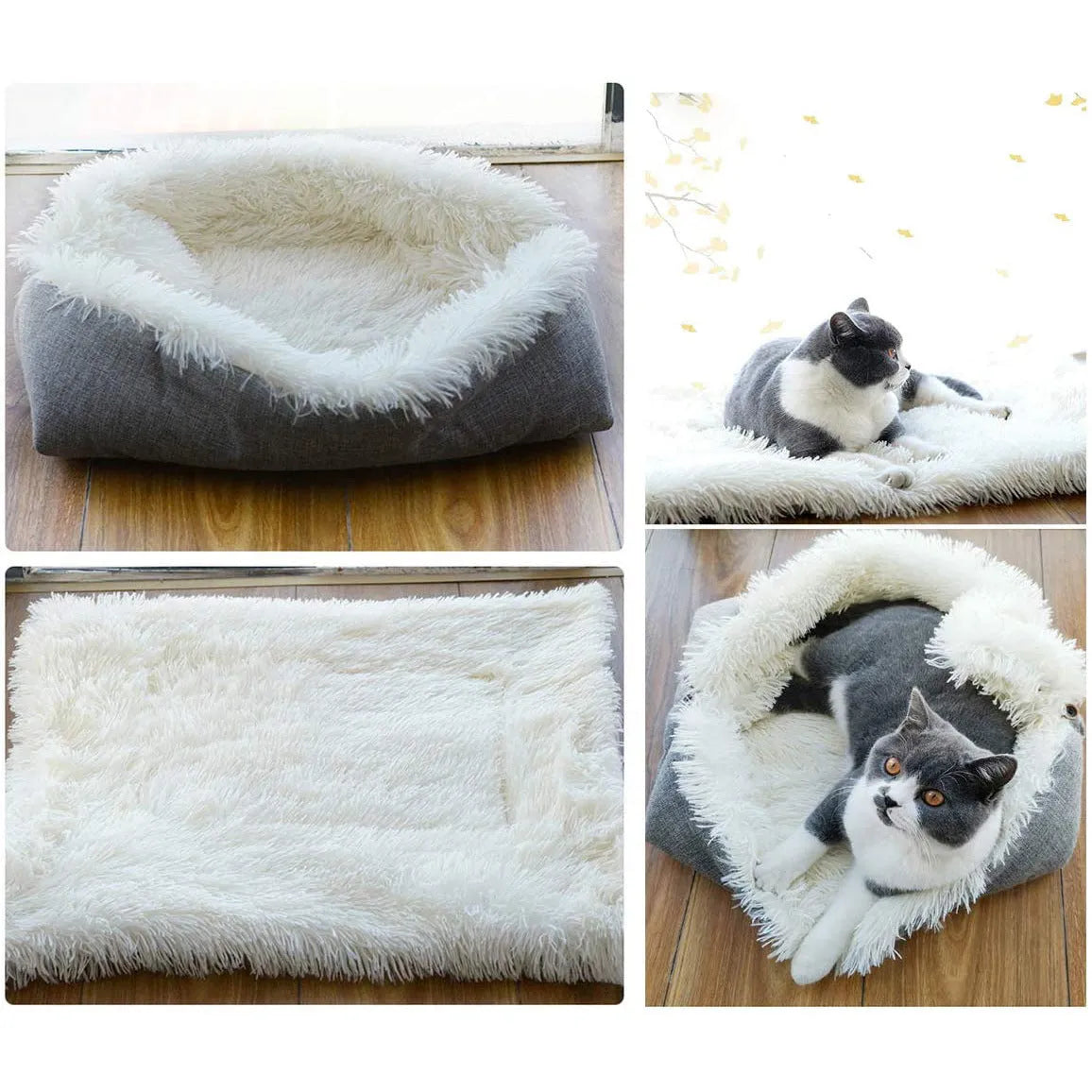 Grey pet blanket with long plush hair and black non-slip bottom particles