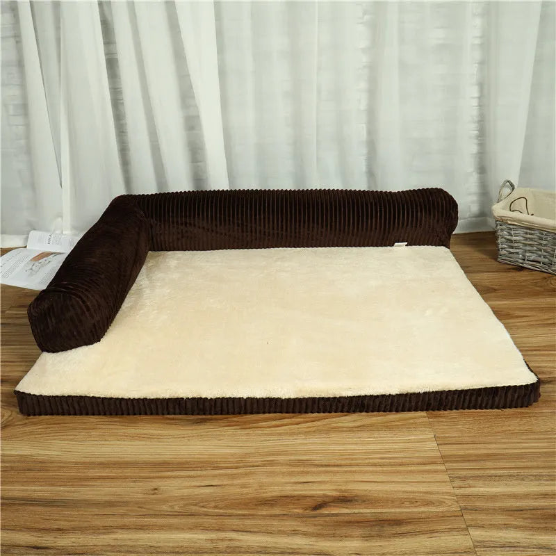 Corduroy bolster dog bed in grey, showing bilateral raised sides and non-slip base.