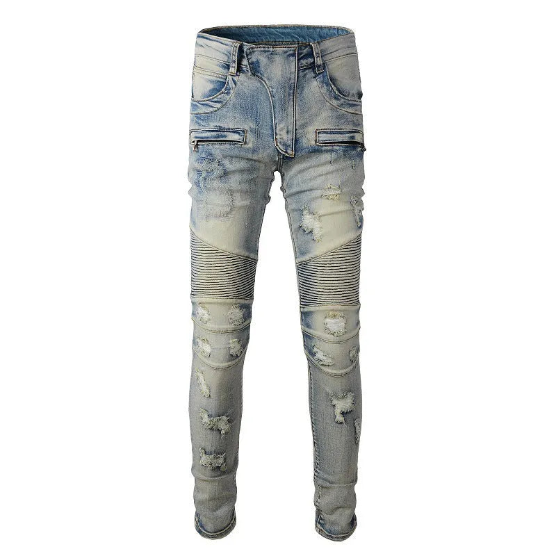 Light blue men's slim fit jeans with hand-frayed distressed details and a straight leg opening.