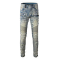 Light blue men's slim fit jeans with hand-frayed distressed details and a straight leg opening.