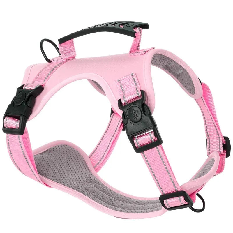 Polyester dog chest harness and lead set in multiple colours including Lake Blue, pink, and yellow