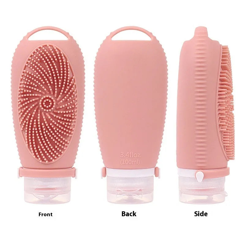 Silicone bath brush storage bottle in various colours showing 100ml capacity for bathroom organisation.