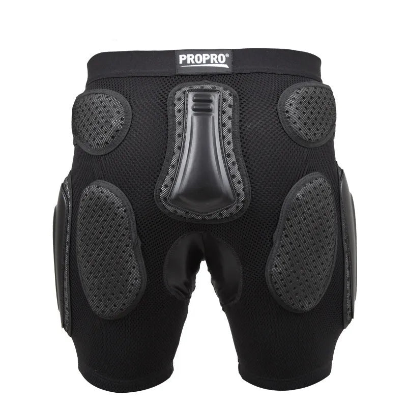 Black cycling hip pad pants with integrated hip protection panels in multiple sizes