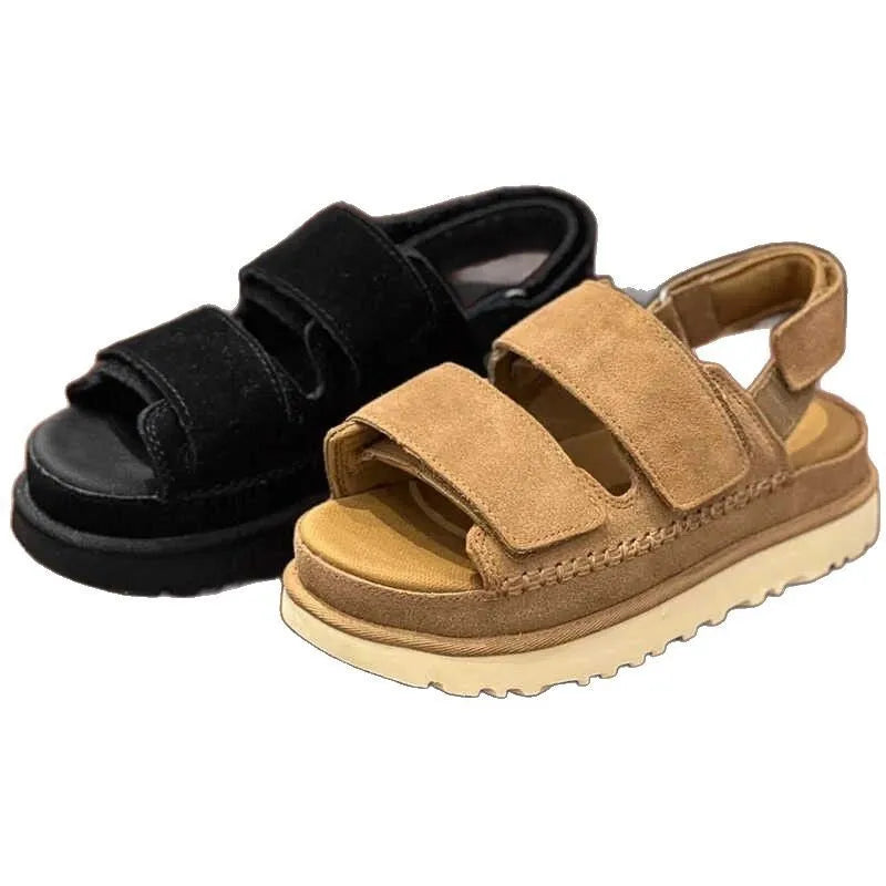 Women's maroon suede peep toe platform sandals with an adjustable Velcro strap.