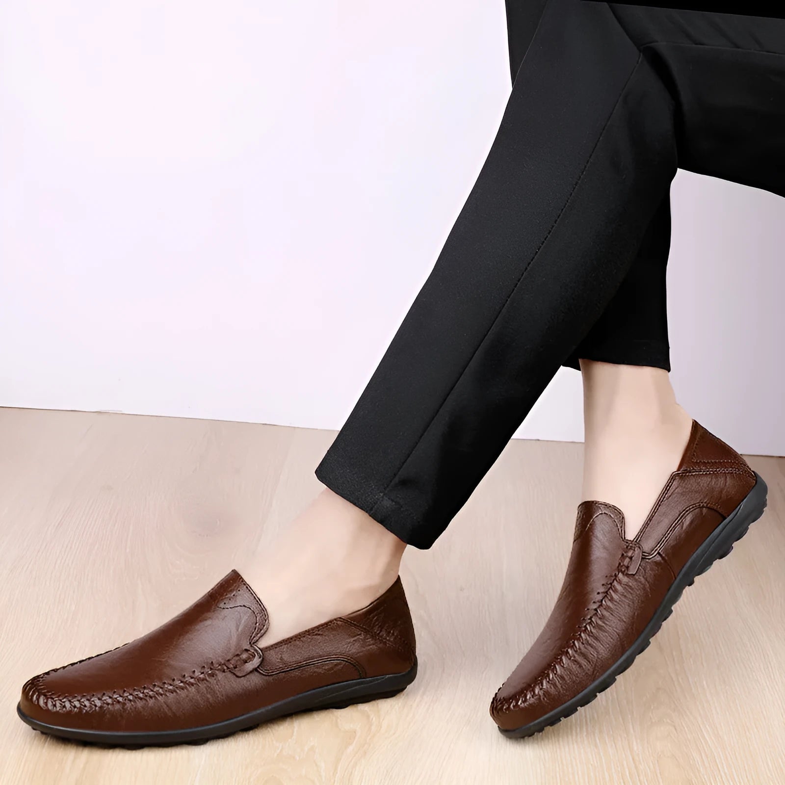 Men's brown leather casual shoes with round toe design and rubber sole for business casual wear