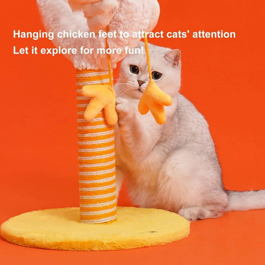 Yellow sisal vertical cat scratching post with chicken strip design and spring ball, 35cm wide and 88cm tall.