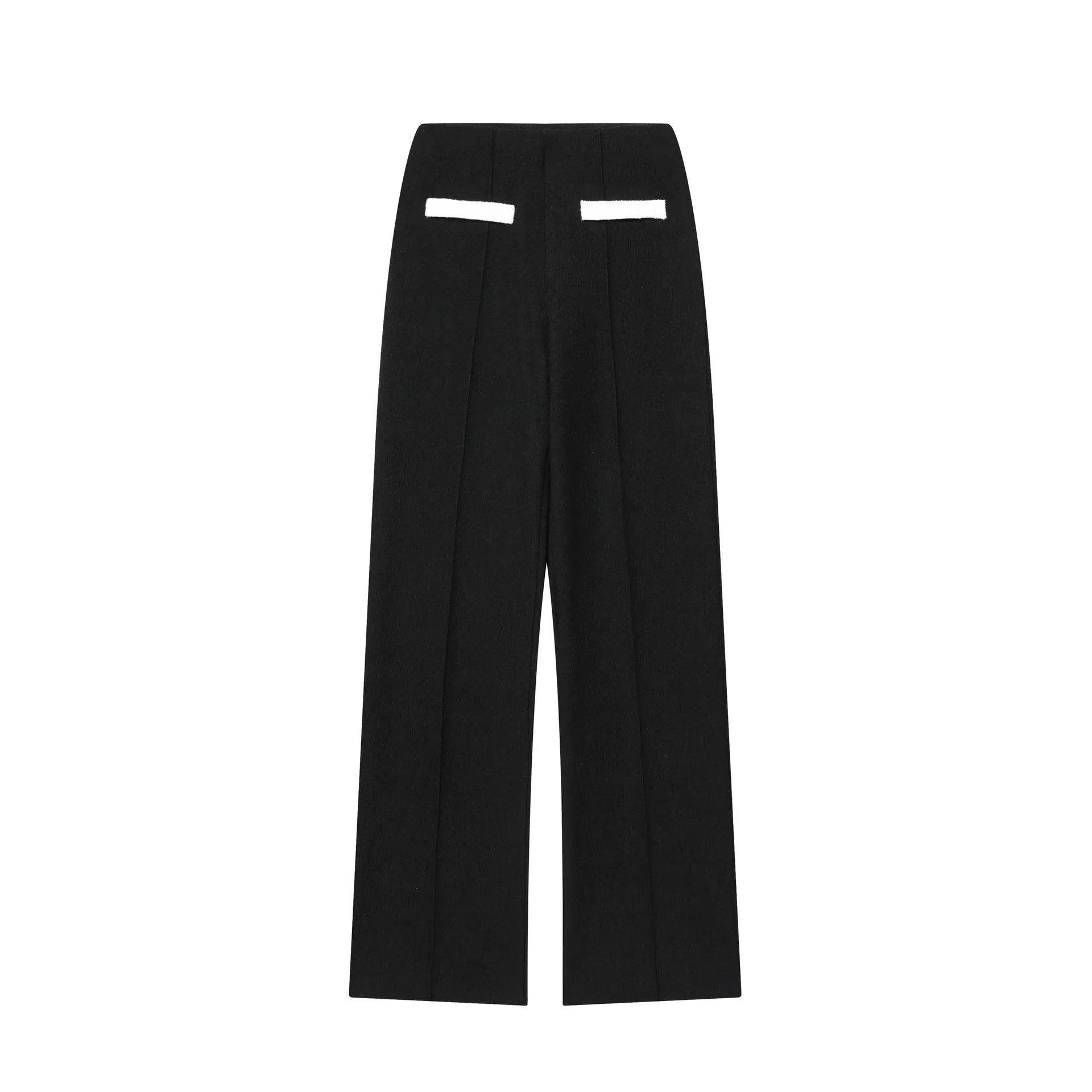 Women's two-piece street fashion suit with beaded leather detail on top and stretch high-waisted trousers