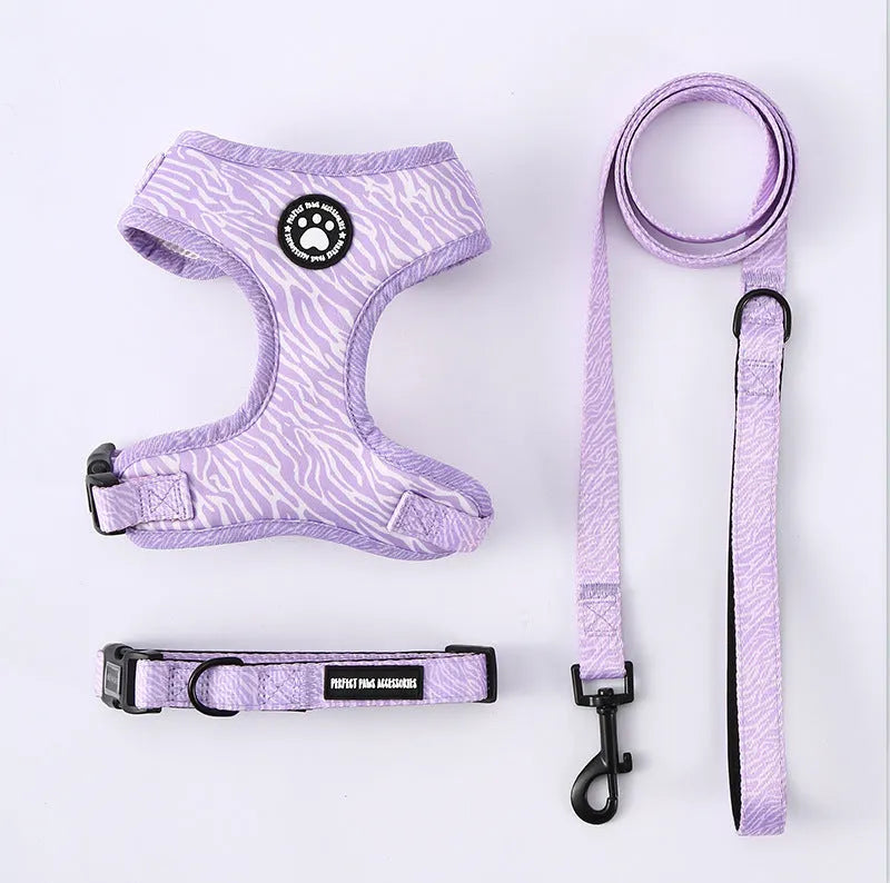 Pattern dog breast strap set with adjustable leash and collar in light purple, made from polyester