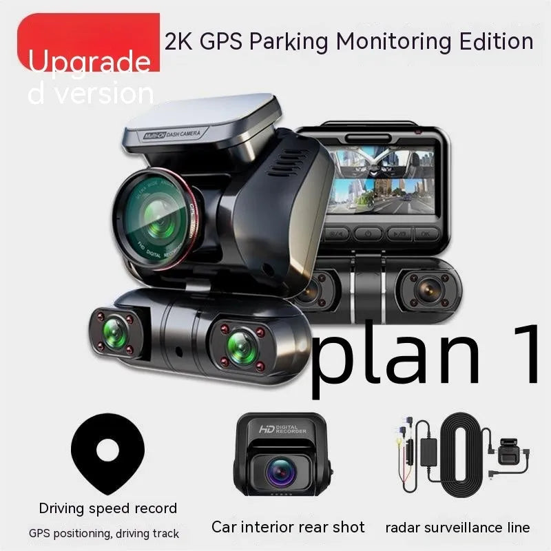 Multi-lens car dashboard camera with 2-inch screen and compact plastic housing for vehicle recording