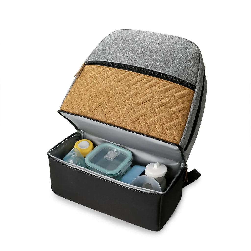 Grey insulated mother and child travel backpack with curved straps and multiple compartments.
