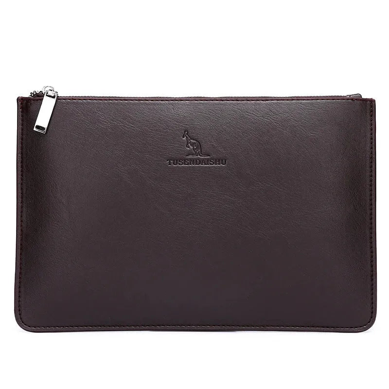 Men's soft black checkered PU leather clutch wallet showing card slots and zipper pocket