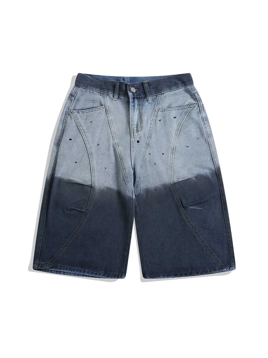Blue tie-dye gradient cropped jeans with a loose fit and mid waist