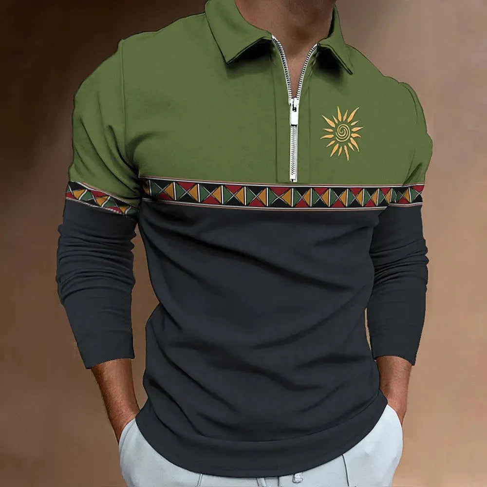 Men's retro colour print golf t-shirt with striped pattern and zipper details on long sleeve loose fit top