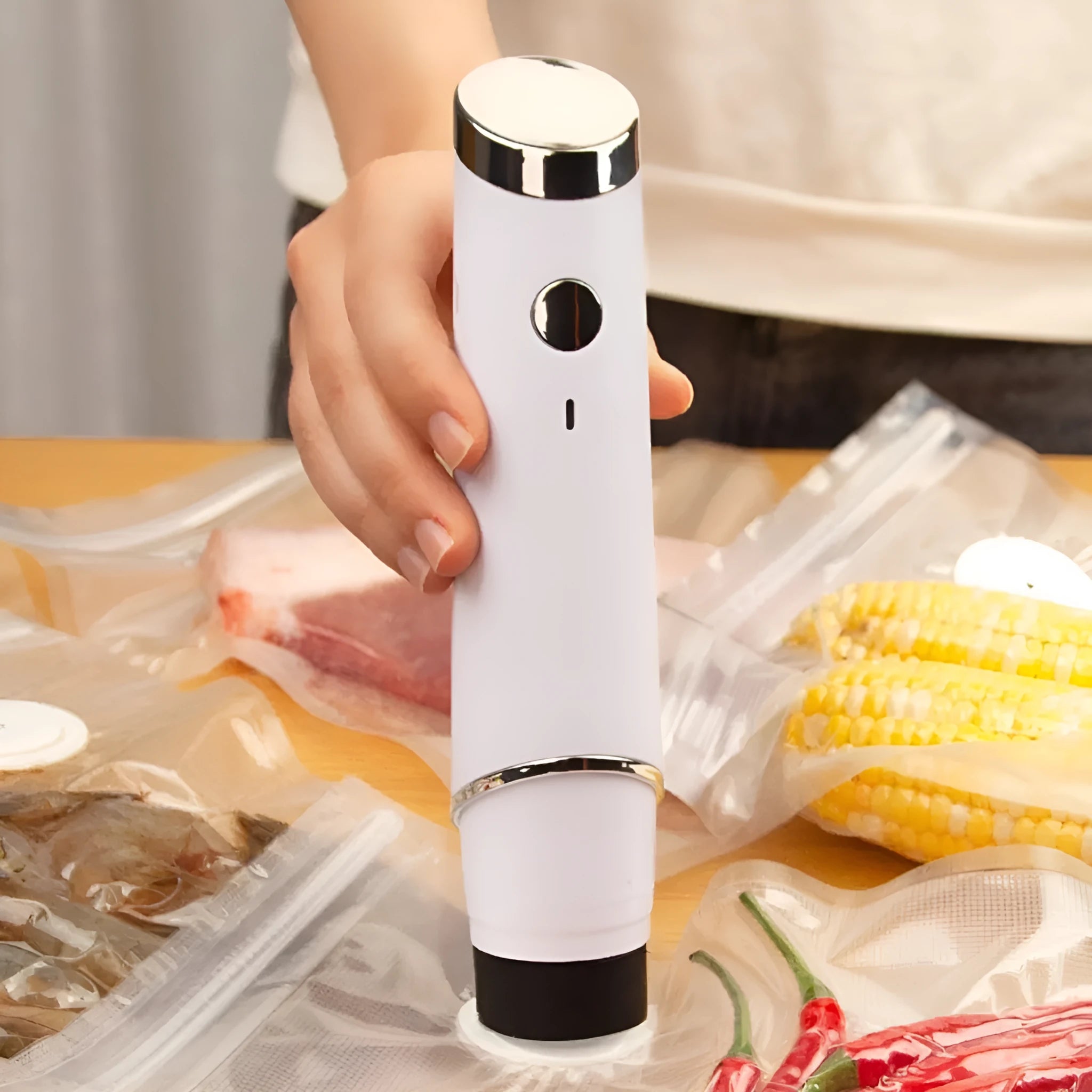 White USB electric suction pump with five 26x28cm vacuum bags for food storage