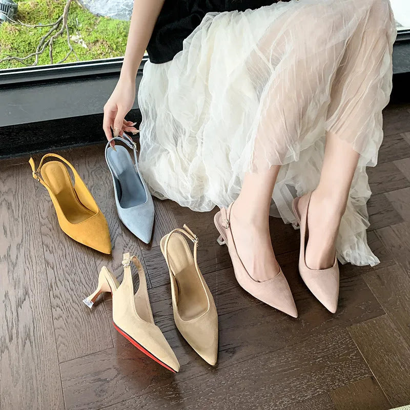 Women's apricot suede pointed-toe stiletto high heel shoe with a rubber sole