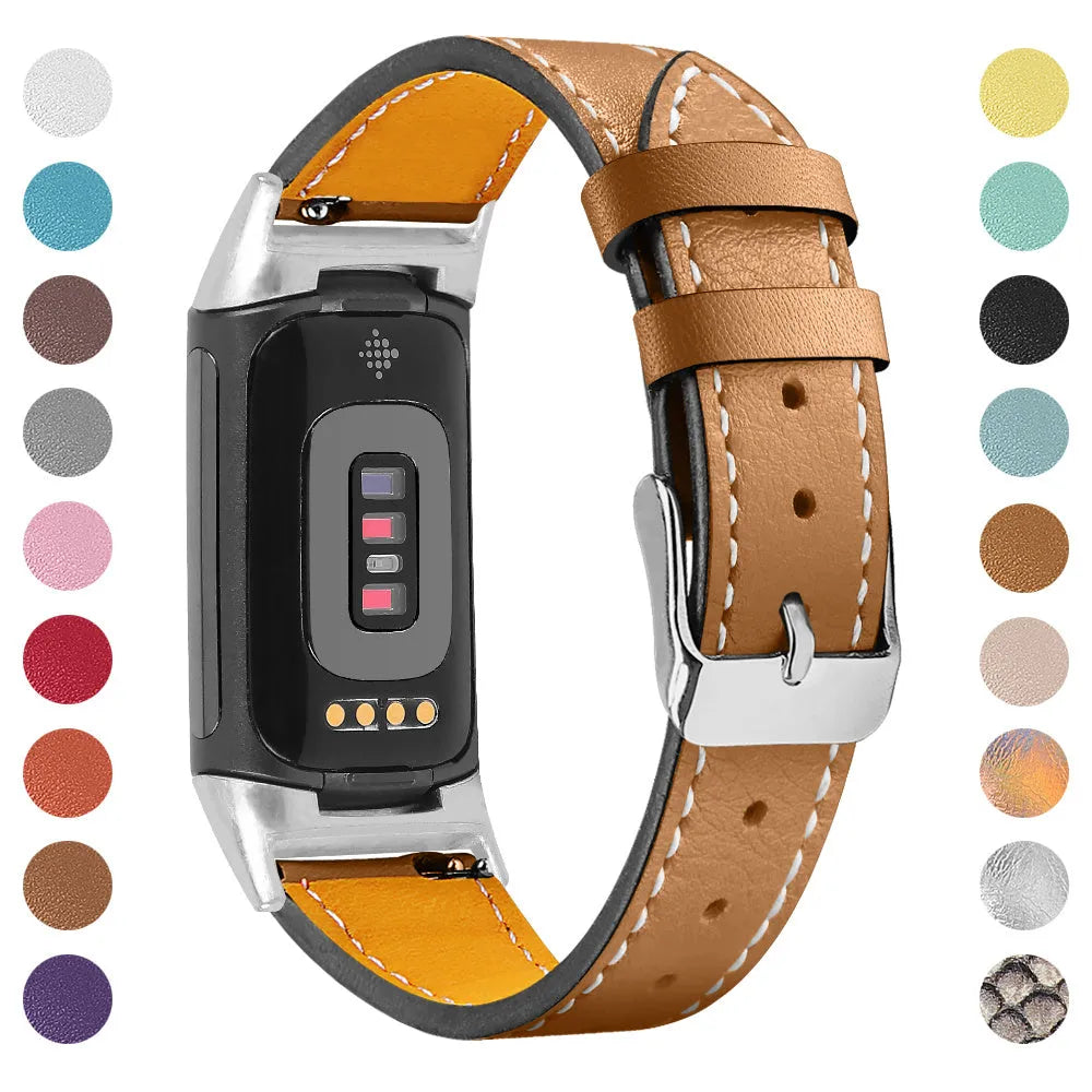 Genuine brown leather watch strap for Fitbit Charge 5 and Charge 6 smartwatches.