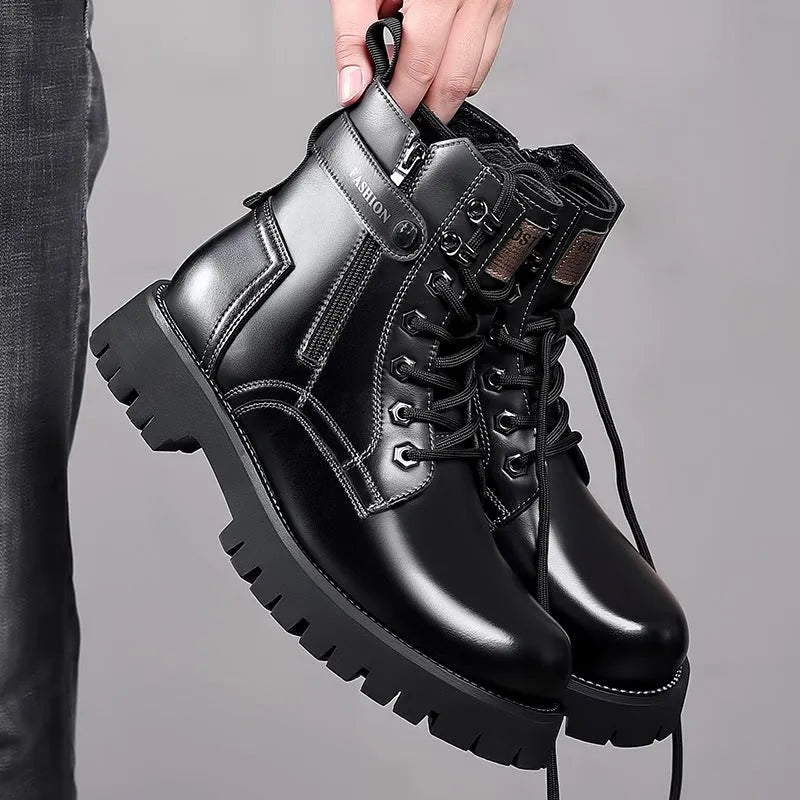 Men's leather Martin boots with thick rubber soles and side zipper closure