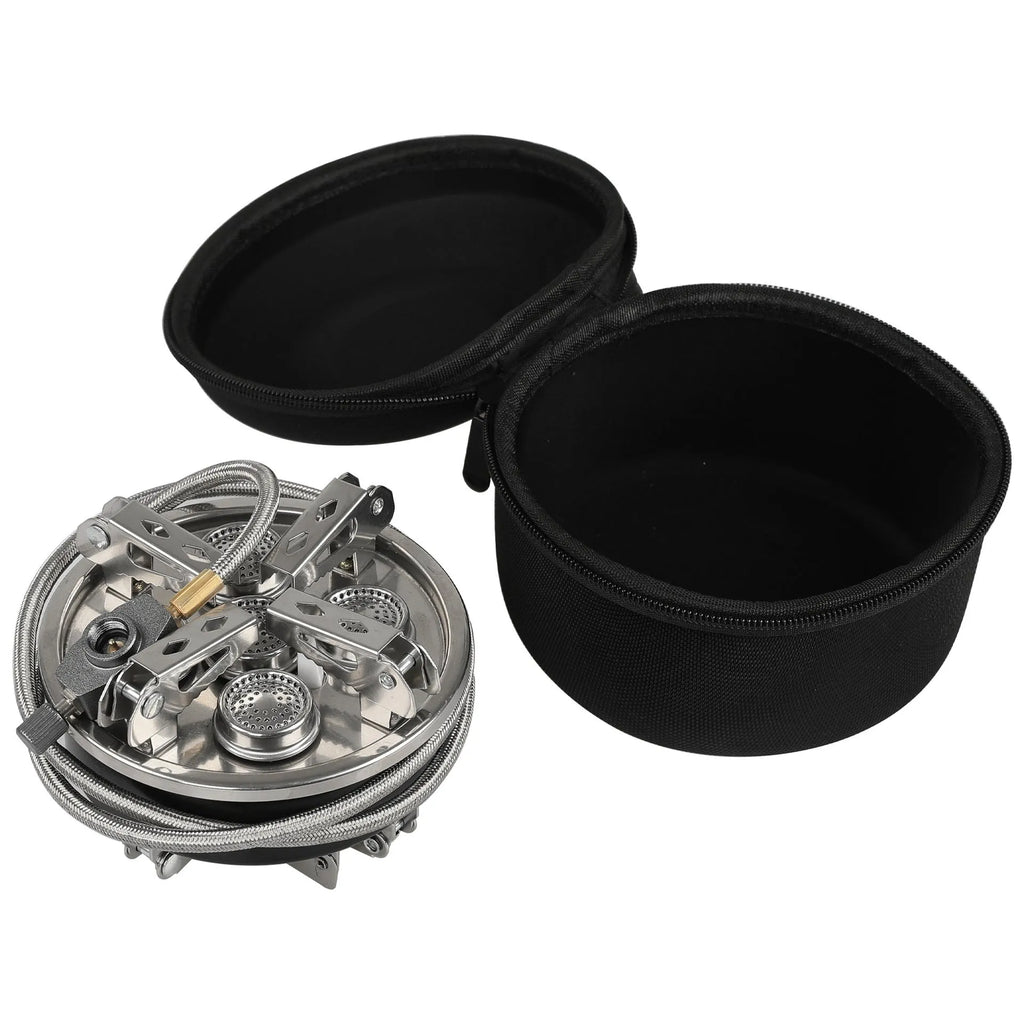 Silver foldable stainless steel portable camping split stove with a long gas hose