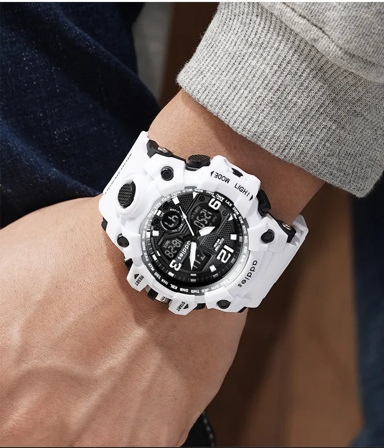 Men's electronic sports watch with dual analogue and digital display on plastic strap