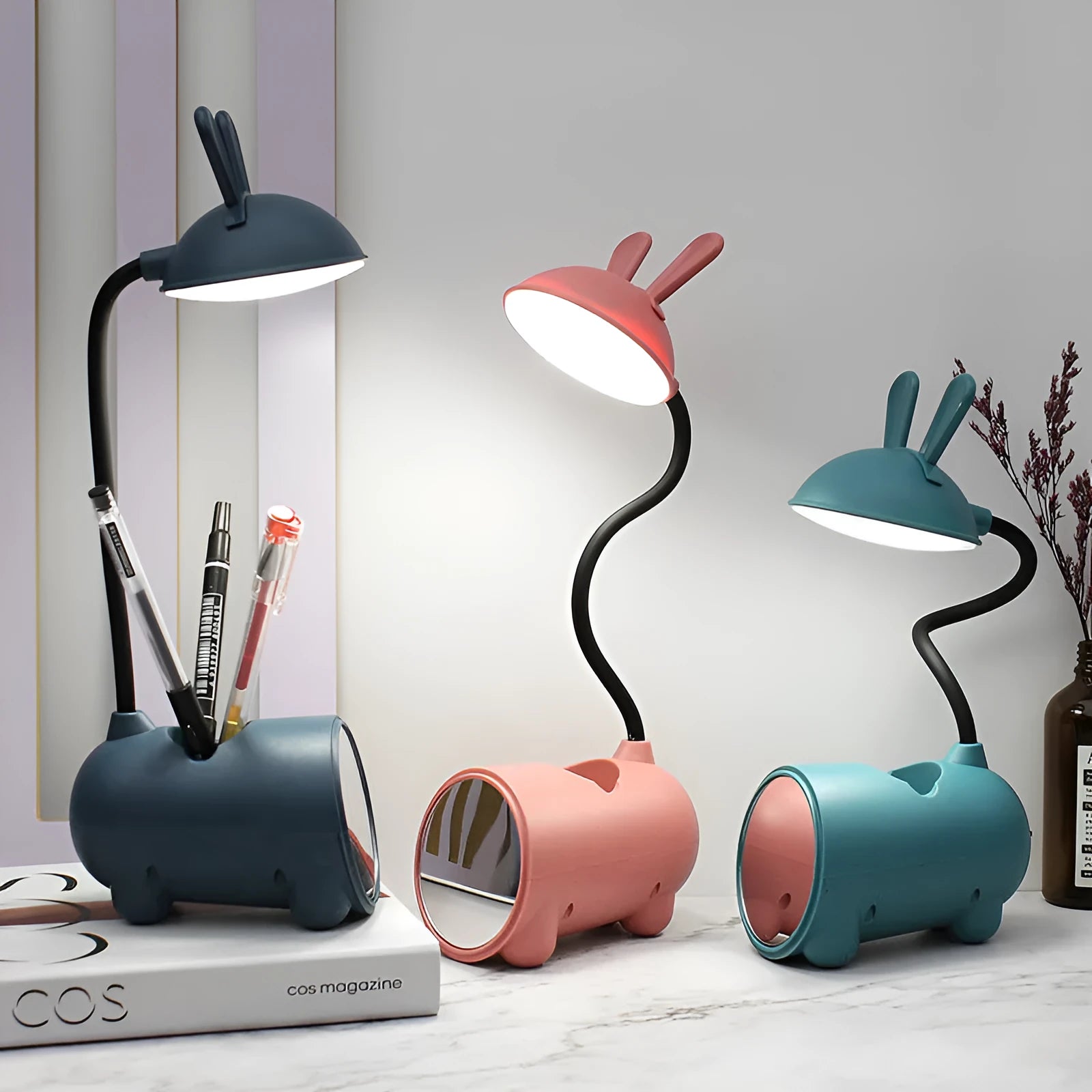 Cartoon design USB desk lamp with pen storage compartment in modern simplicity style