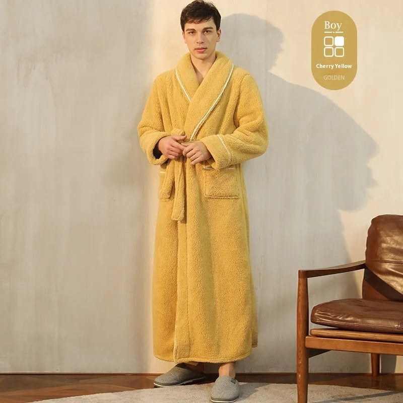 A man and woman wearing matching thickened flannel couple's bathrobes in a winter colour.