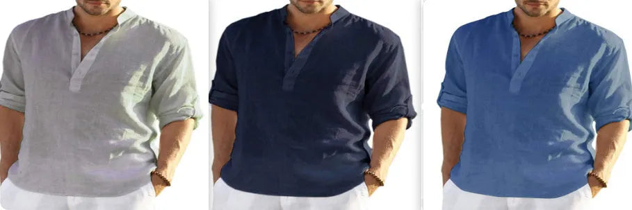Men's cotton linen stand collar shirt in solid colour with button-down front and long sleeves