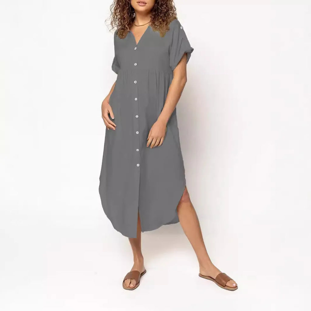 Loose casual button-front mid-length dress in solid colour